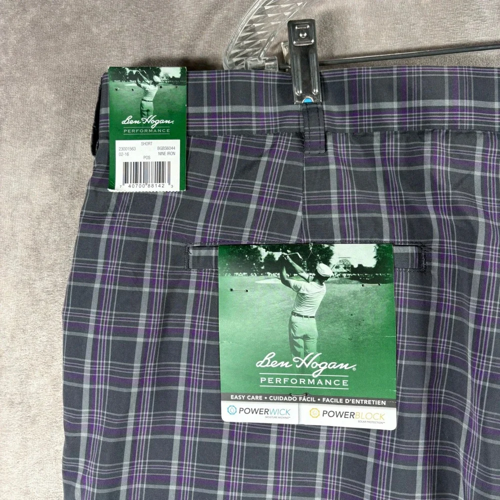 Ben Hogan Golf Shorts Mens 42W Gray Nine Iron Plaid Performance PowerWick UPF 15